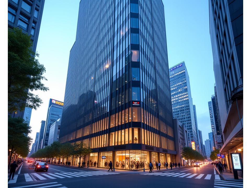 東京都中央区銀座のモダンなオフィスビルの外観。洗練されたデザインで、信頼感と先進性を表現。