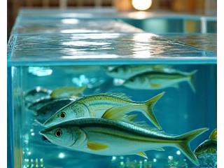 愛媛県の養殖場。魚が活発に泳ぎ、水面にはセンサーが浮いている