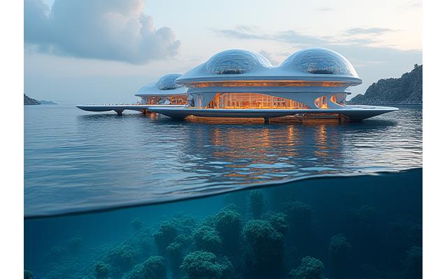 持続可能な未来の海洋都市のコンセプトアート