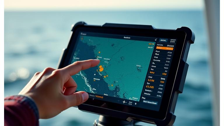 タブレットに表示された漁船のリアルタイム航路と漁場情報