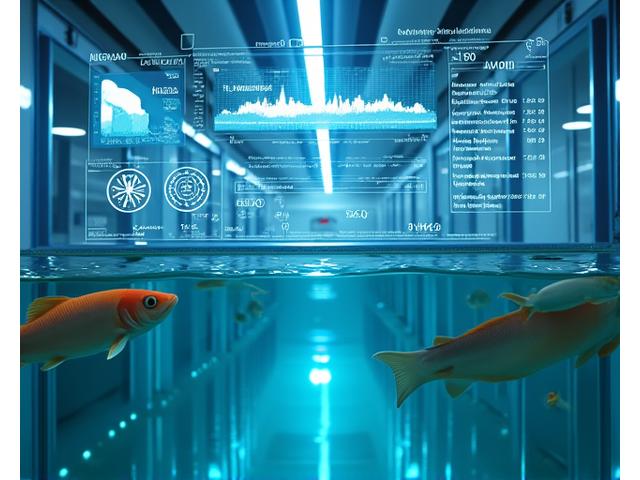 スマート養殖管理プラットフォームの画面。水中センサーと魚の成長グラフ。