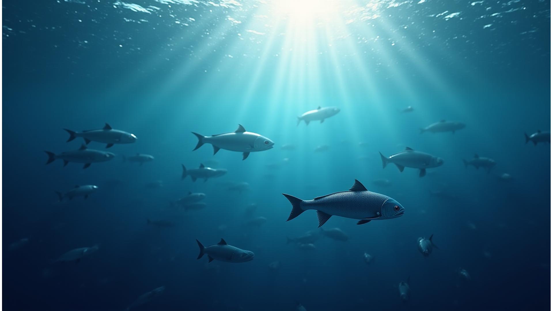 透明度の高い青い海中を泳ぐ巨大な魚群、その上をデータ可視化を示すホログラフィックな光が覆っている。未来的な漁業テクノロジーのイメージ。