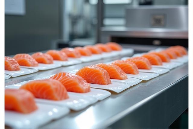 北海道の水産加工場での製品パッキング風景