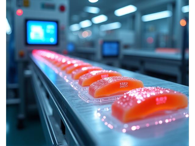 水産加工施設のデジタル管理システム。魚の製品にQRコードが付いている。