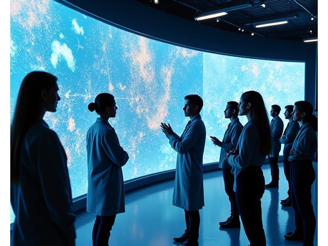 研究室で海洋データが映し出された大型スクリーンと研究者たち。