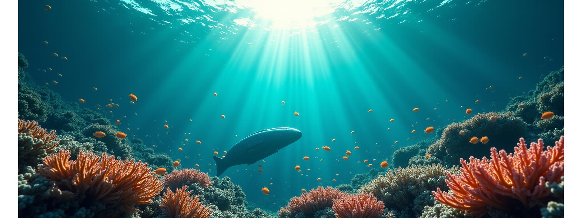 透明な青い海を泳ぐサンゴ礁の魚と、遠景に水中のセンサー機器のシルエット。データの可視化オーバーレイが透明に重なっている。