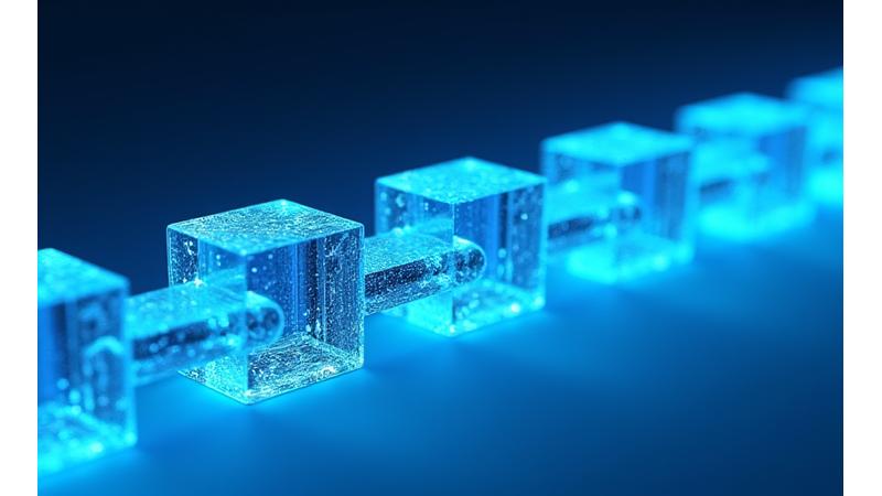 鮮やかなブロックを繋ぎ合わせた、データが安全にリンクされるブロックチェーンの構造図