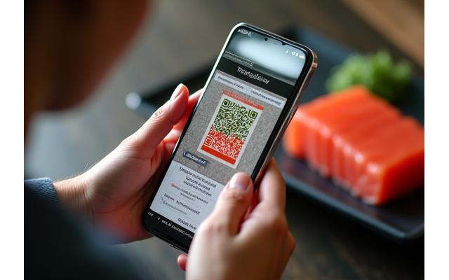 スマートフォンでQRコードをスキャンし、水産物の情報を確認する消費者の手元アップ
