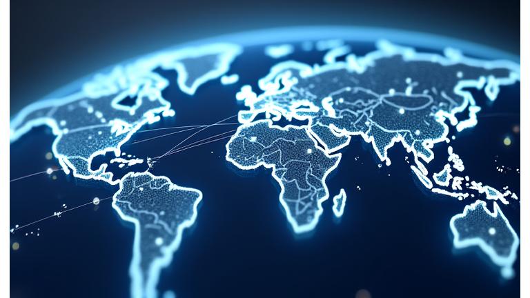 世界地図と点線で繋がれた水産物の輸出ルートを示す、グローバルネットワークのデジタル視覚化