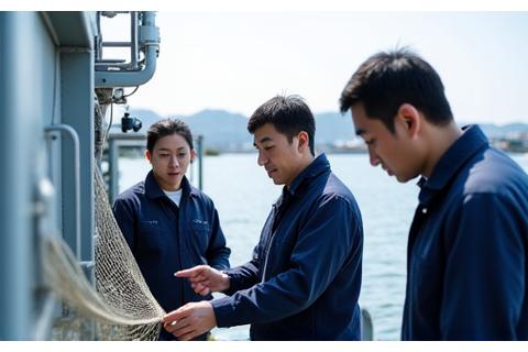 静岡県の漁港で環境対応漁網を点検する山本代表と漁師たち。