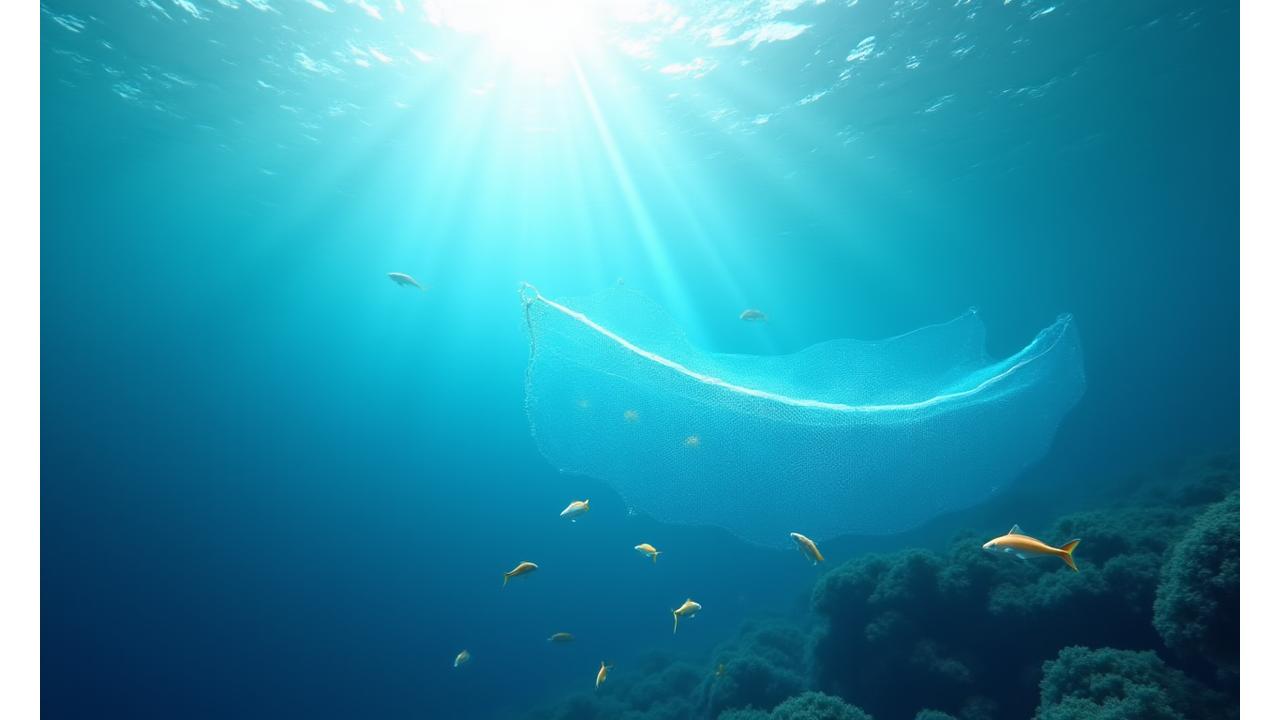 持続可能な漁業機器が深海で動作している様子。透明な漁網とセンサーが輝き、豊かな海洋生物に囲まれている。