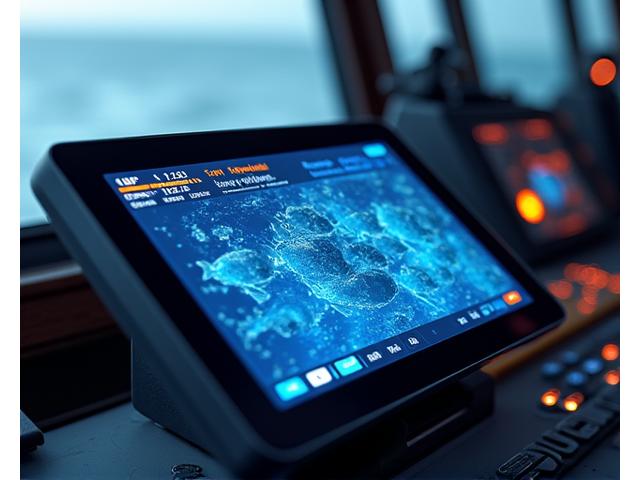 AIスマート魚群探知システムのデバイス。ディスプレイに魚群のリアルタイムデータが表示されている。