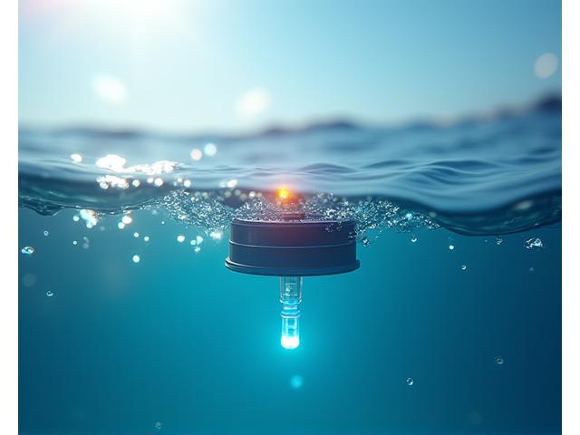 水質監視センサーが青い海中に設置され、データ送信を示す光を放っている。